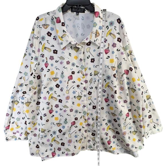 Eloquii Blouse Size 26 White Multicolor Mushroom Flower Button Up Whimsical Top - Picture 7 of 11